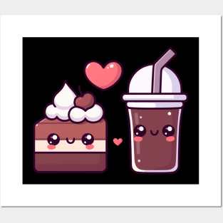 Chocolate Cake and Dark Chocolate Milkshake with a Heart | Kawaii Food Couple Art Posters and Art